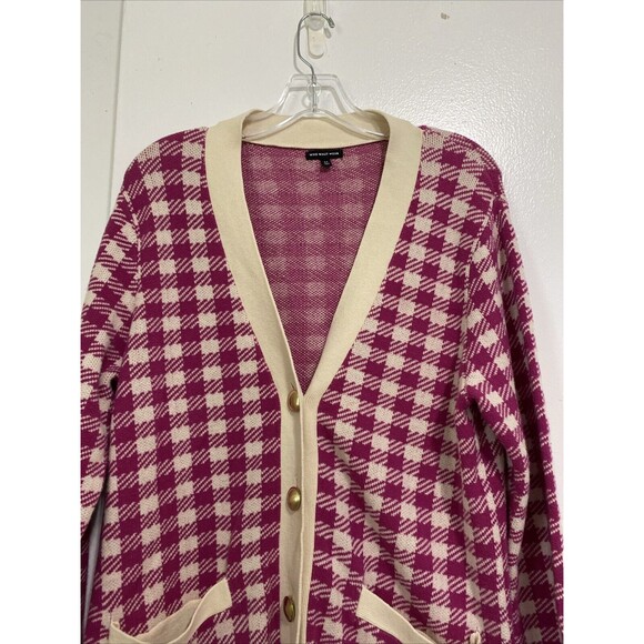 Who What Wear Cardigan Long Sweater Size M Pink Houndstooth Gold Buttons Pockets - Picture 4 of 14